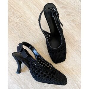NWOT H&M Black Crochet Square Toe Sling Back Kitten Heels size 8